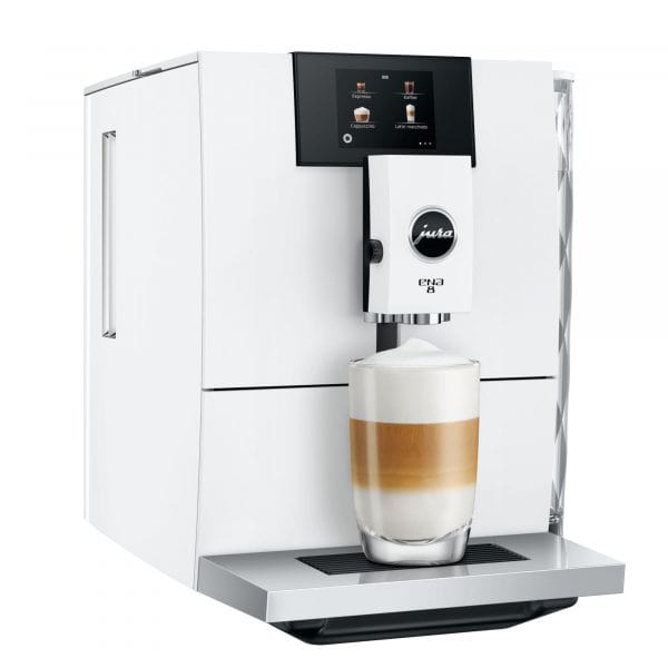 Jura ENA 8 Nordic White von links mit Milchschaum