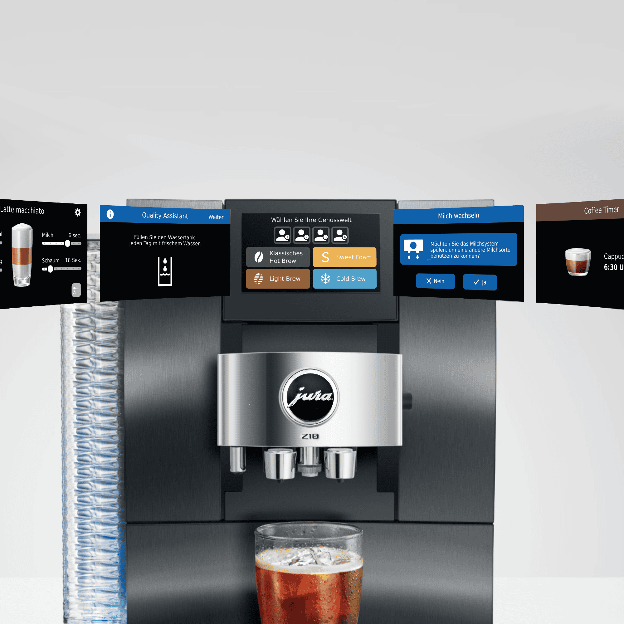 JURA Z10 Aluminium Black mit Kaffeetasse am Auslauf und Display in Funktion