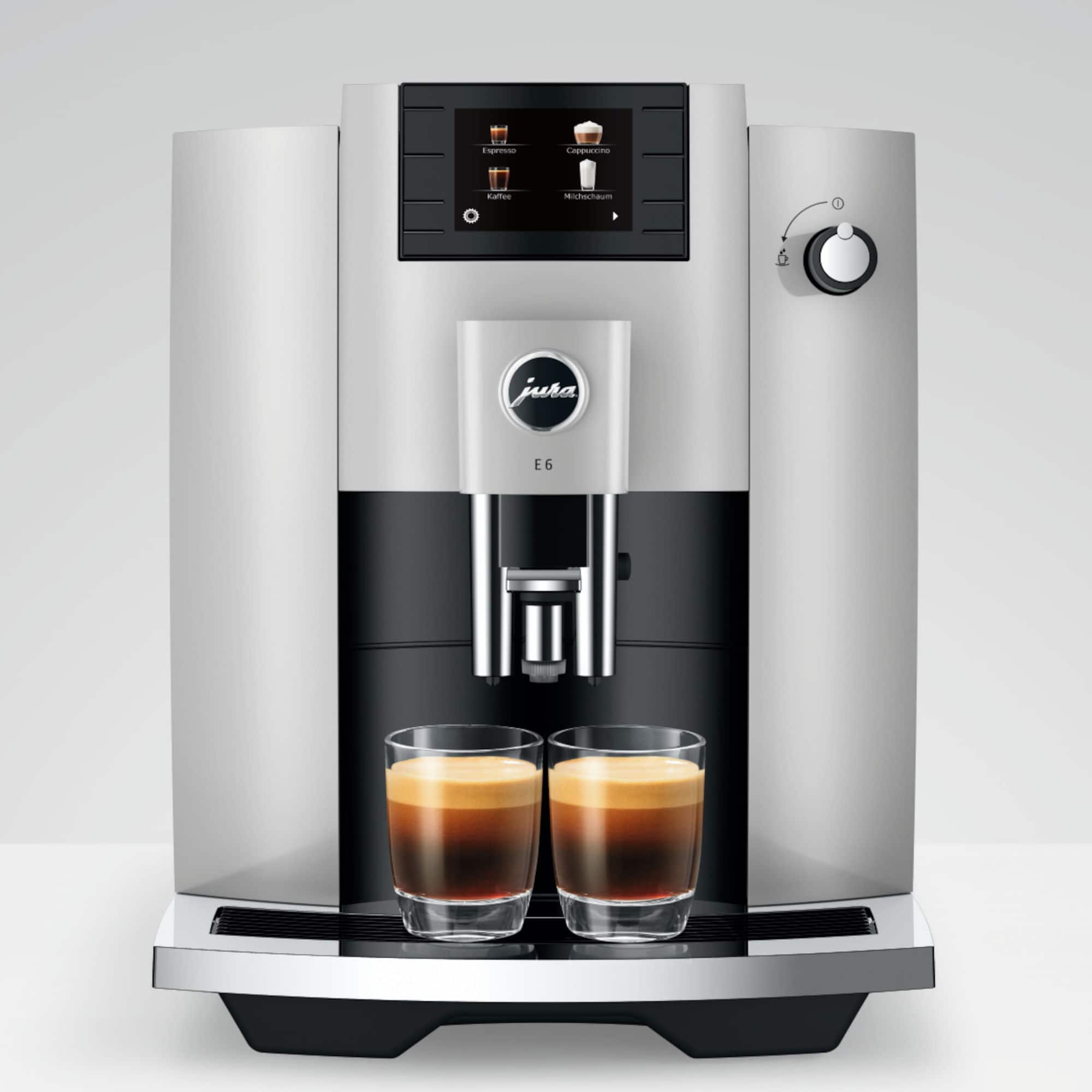 Jura E6 Platin mit zwei Espressi – erhältlich bei Caffista in Sindelfingen