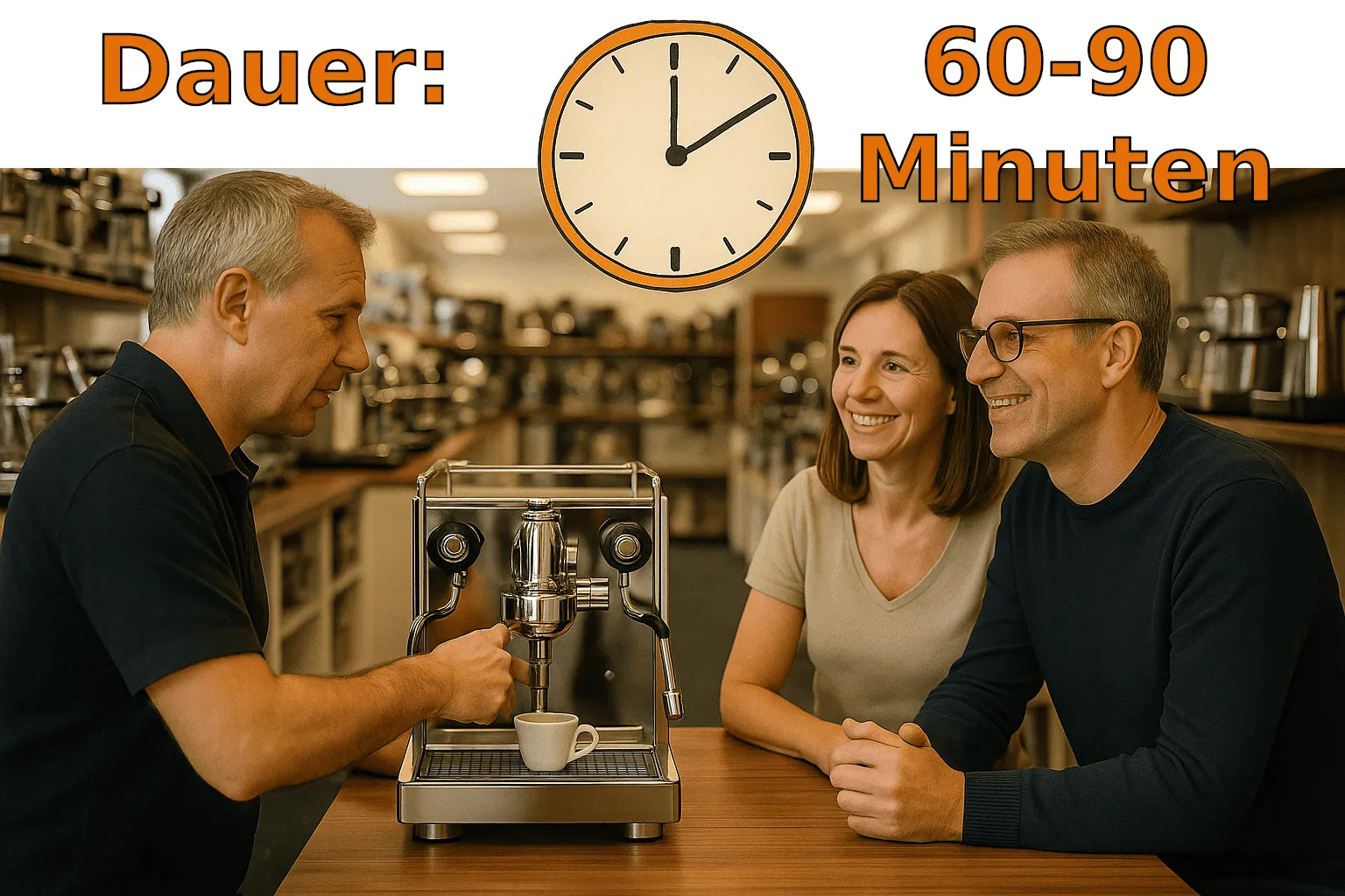 Die Beratungsdauer zum Siebträgerkauf beträgt mit Termin 60 bis 90 Minuten