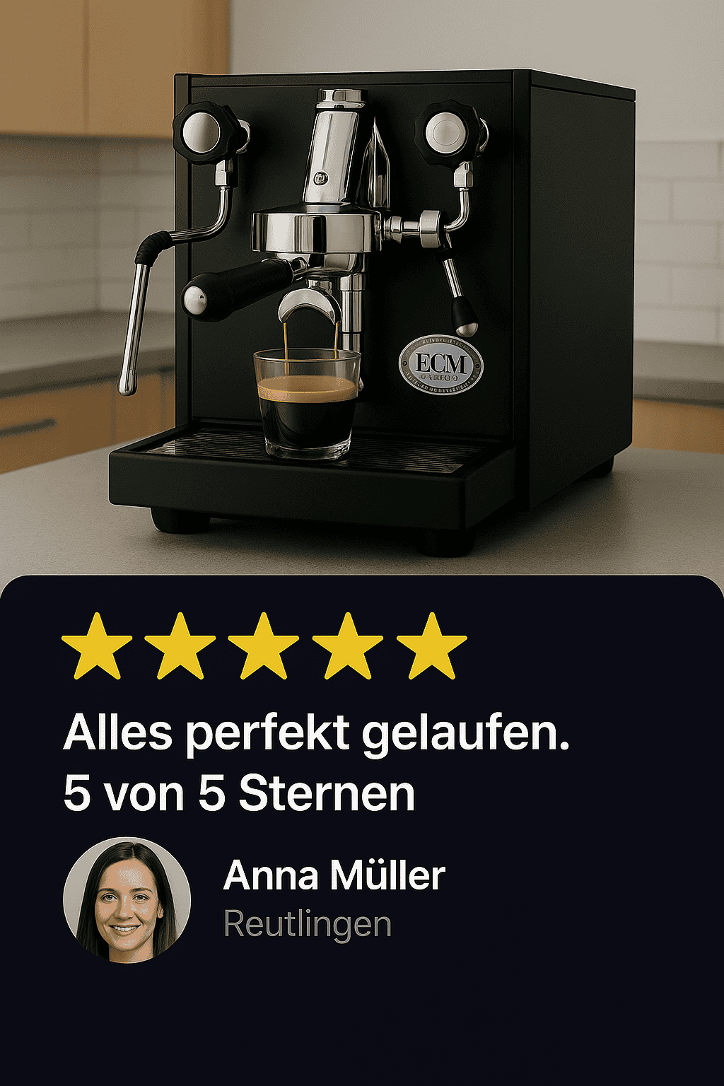 ECM Siebträgermaschine gekauft von Kundin aus Reutlingen und vergibt volle Punkte bei der Bewertung für Caffista