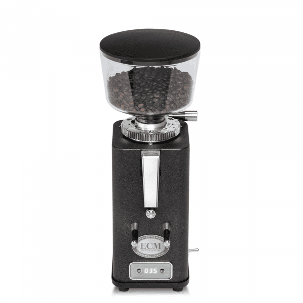 ECM S-Automatik 64 Anthrazit Kaffeemühle Frontansicht mit Bohnen – Caffista Sindelfingen