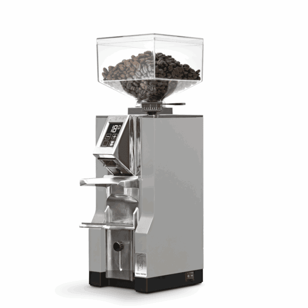 Eureka Mignon Libra Chrom 16CR elektrische Kaffeemühle Seitenansicht mit Bohnenbehälter