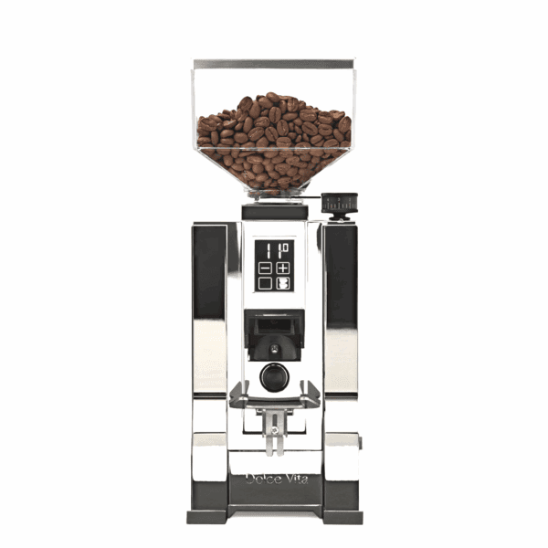 Eureka Mignon Dolce Vita Chrom Frontansicht – Kaffeemühle elektrisch für Siebträger bei Caffista Sindelfingen