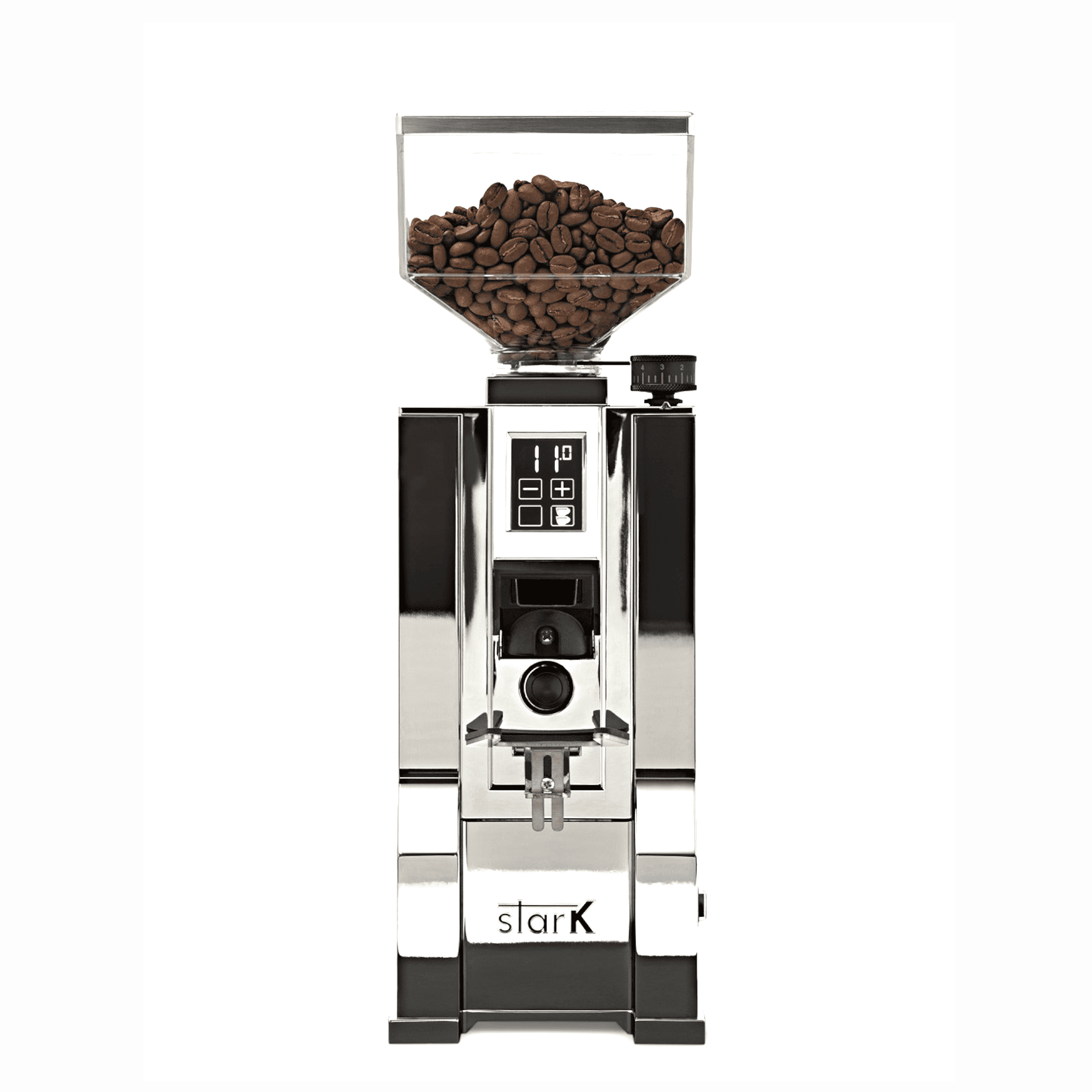 EUREKA Mignon Stark Chrom komplette Ansicht mit Siebträgerhalter