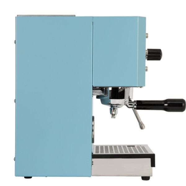 Profitec GO Blue Siebträgermaschine Seitenansicht links mit Edelstahlkomponenten