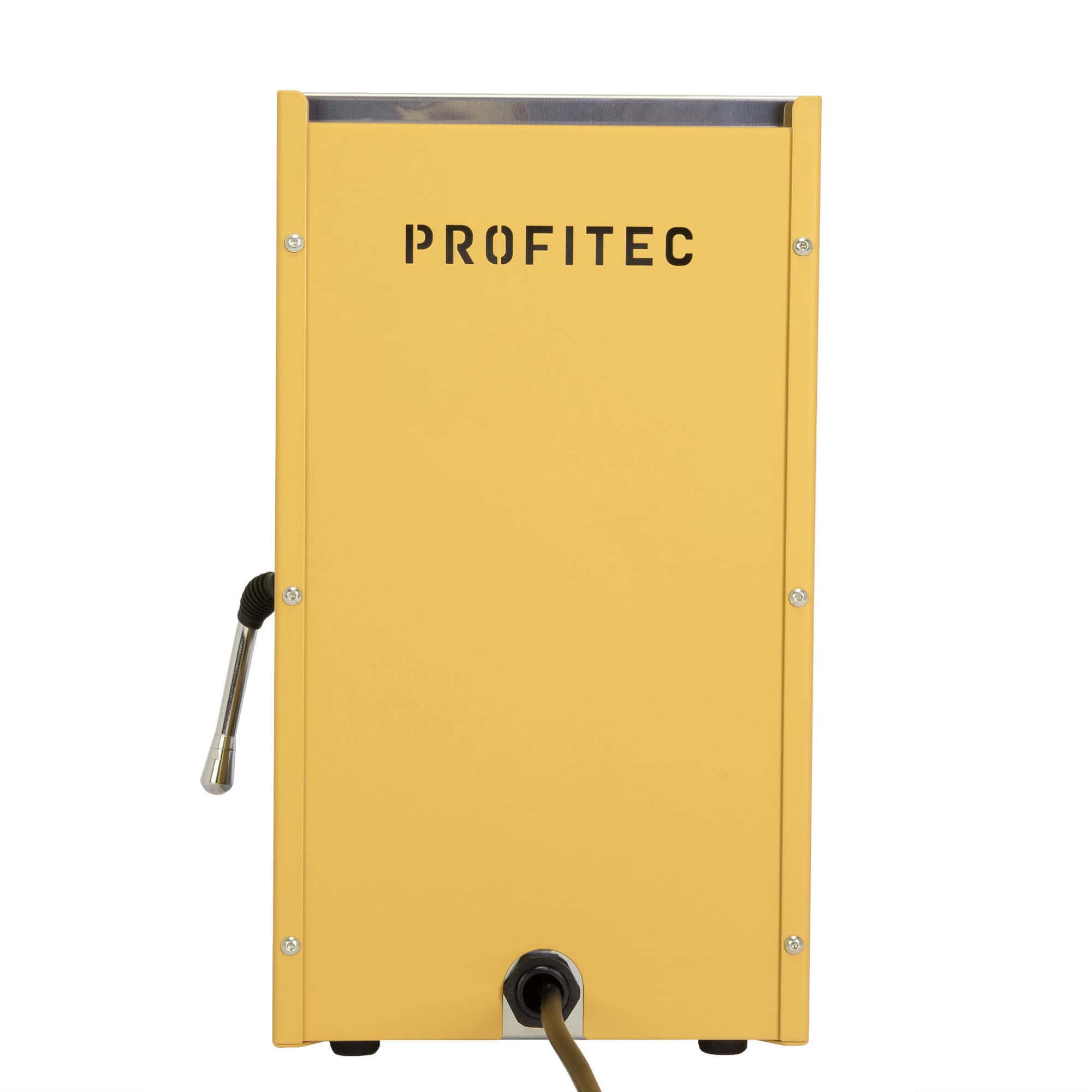 Rückseite der Profitec GO Yellow mit Profitec-Schriftzug und Dampflanze