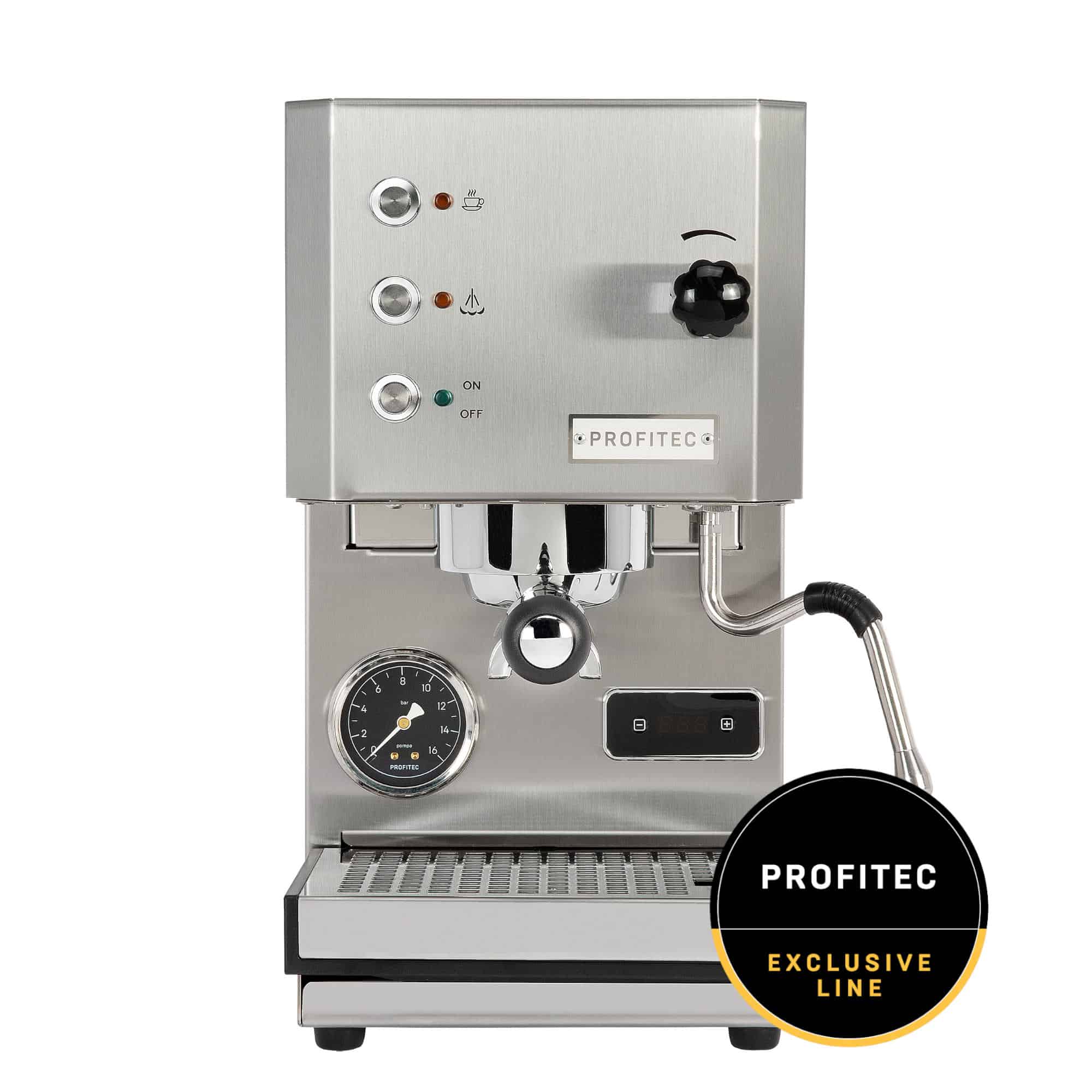 Profitec GO Satiniert Exclusive Line von vorn mit Siebträger