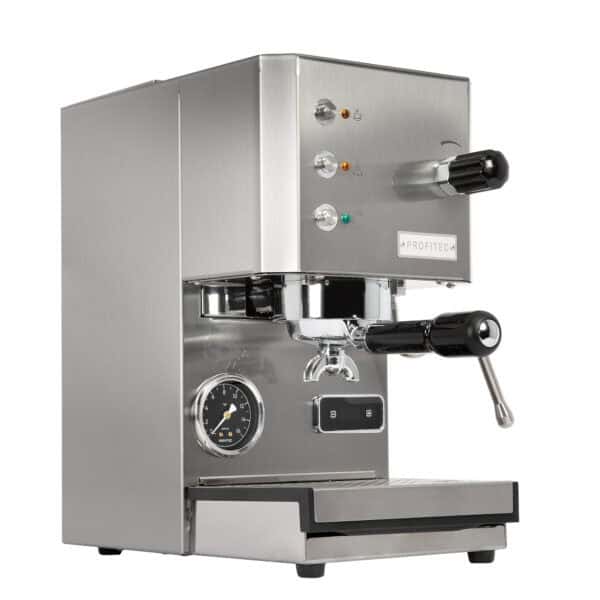 Frontansicht der Profitec GO Satiniert mit Siebträger und Bedienfeld