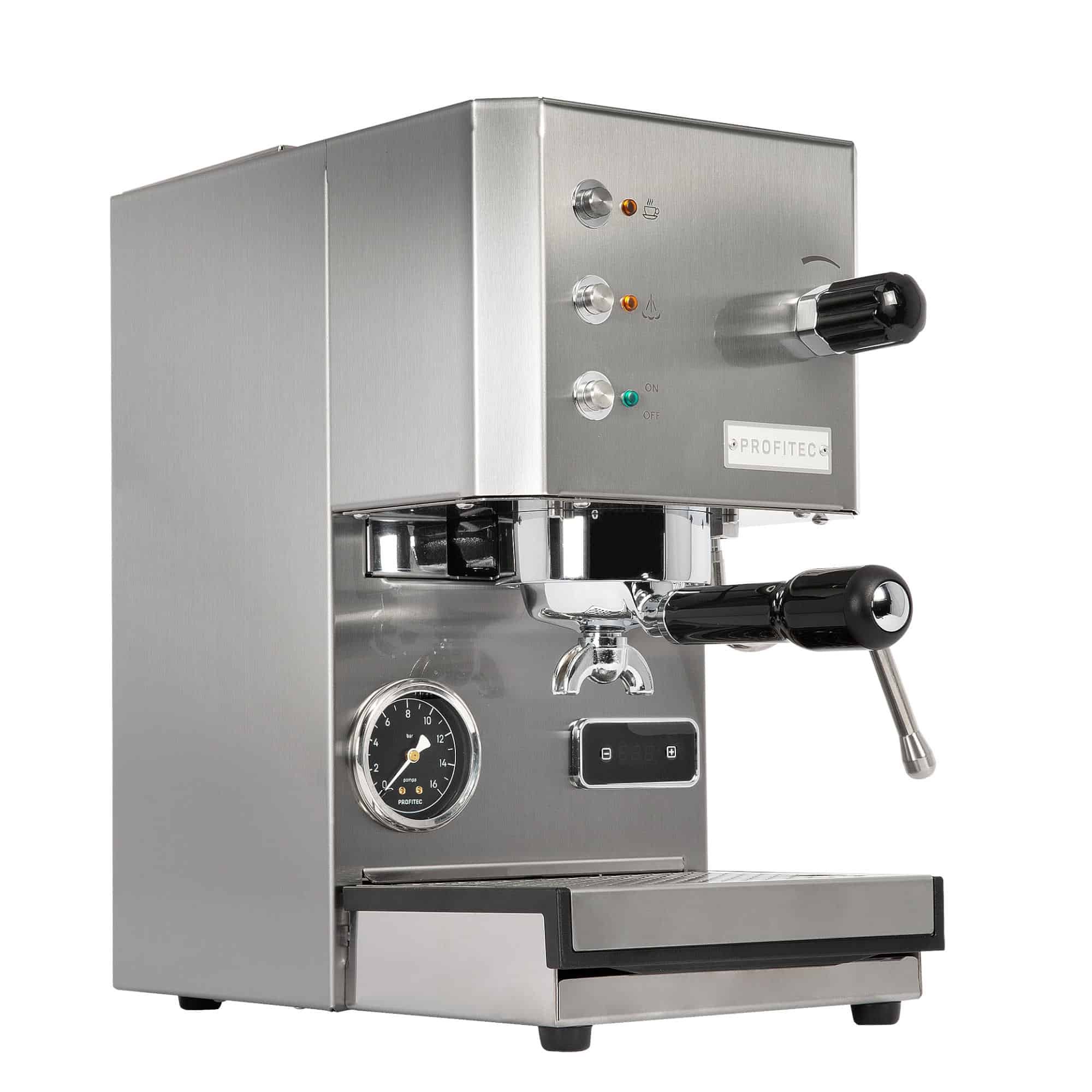 Frontansicht der Profitec GO Satiniert mit Siebträger und Bedienfeld
