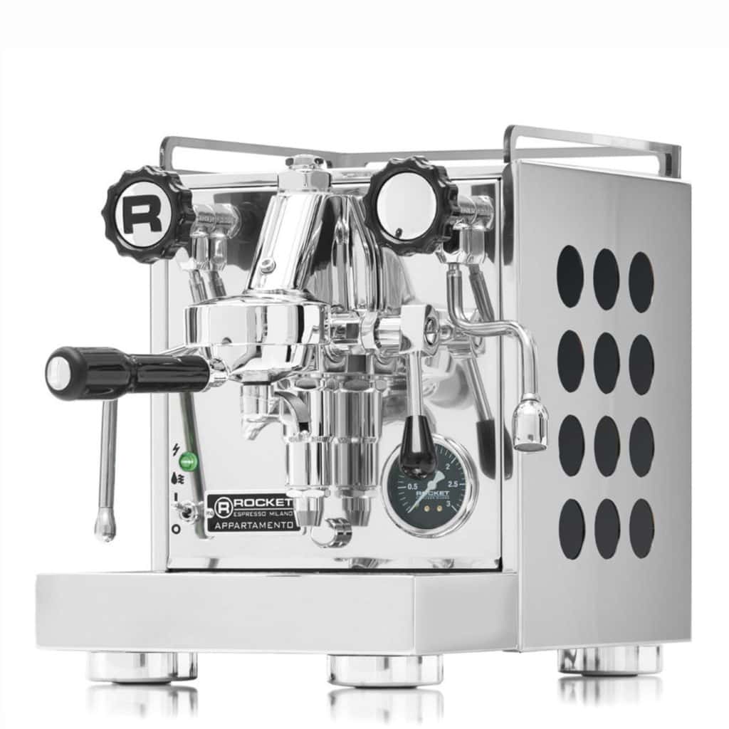 Rocket Appartamento Inox Black Edelstahl Seitenansicht – Siebträgermaschine mit schwarzen Inlays