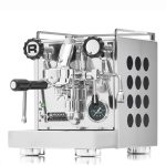 Rocket Appartamento Inox Black Edelstahl Seitenansicht – Siebträgermaschine mit schwarzen Inlays