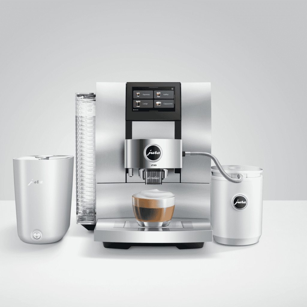 JURA Z10 Aluminium White mit Milchbehälter und Tassenplattform