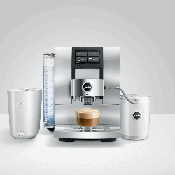 JURA Z10 Aluminium White mit Milchbehälter und Tassenplattform