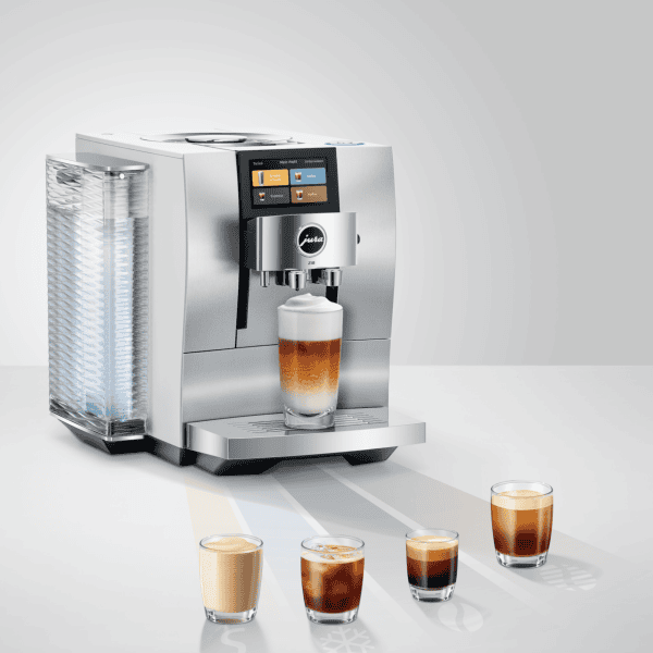 JURA Z10 Aluminium White mit vier Kaffeespezialitäten nebeneinander