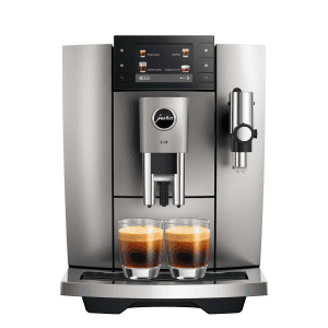 JURA E8 Midnight Silver Frontansicht mit Espresso