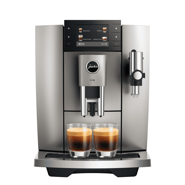 JURA E8 Midnight Silver Frontansicht mit Espresso