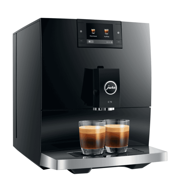 Seitenansicht der JURA C9 Piano Black (EA) auf heller Fläche