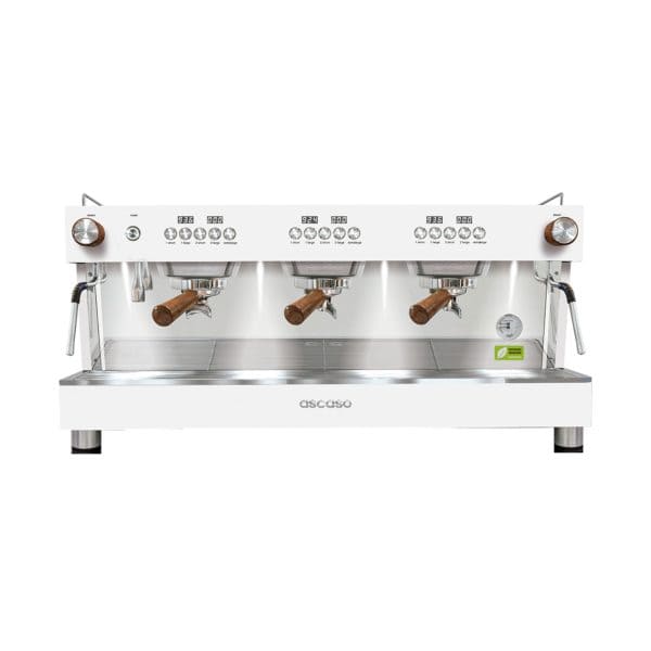 Ascaso Barista T One White 3-Gruppig – professionelle Siebträger Kaffeemaschine in elegantem Weiß mit T-Technologie, Edelstahlkesseln und starker Dampfleistung.