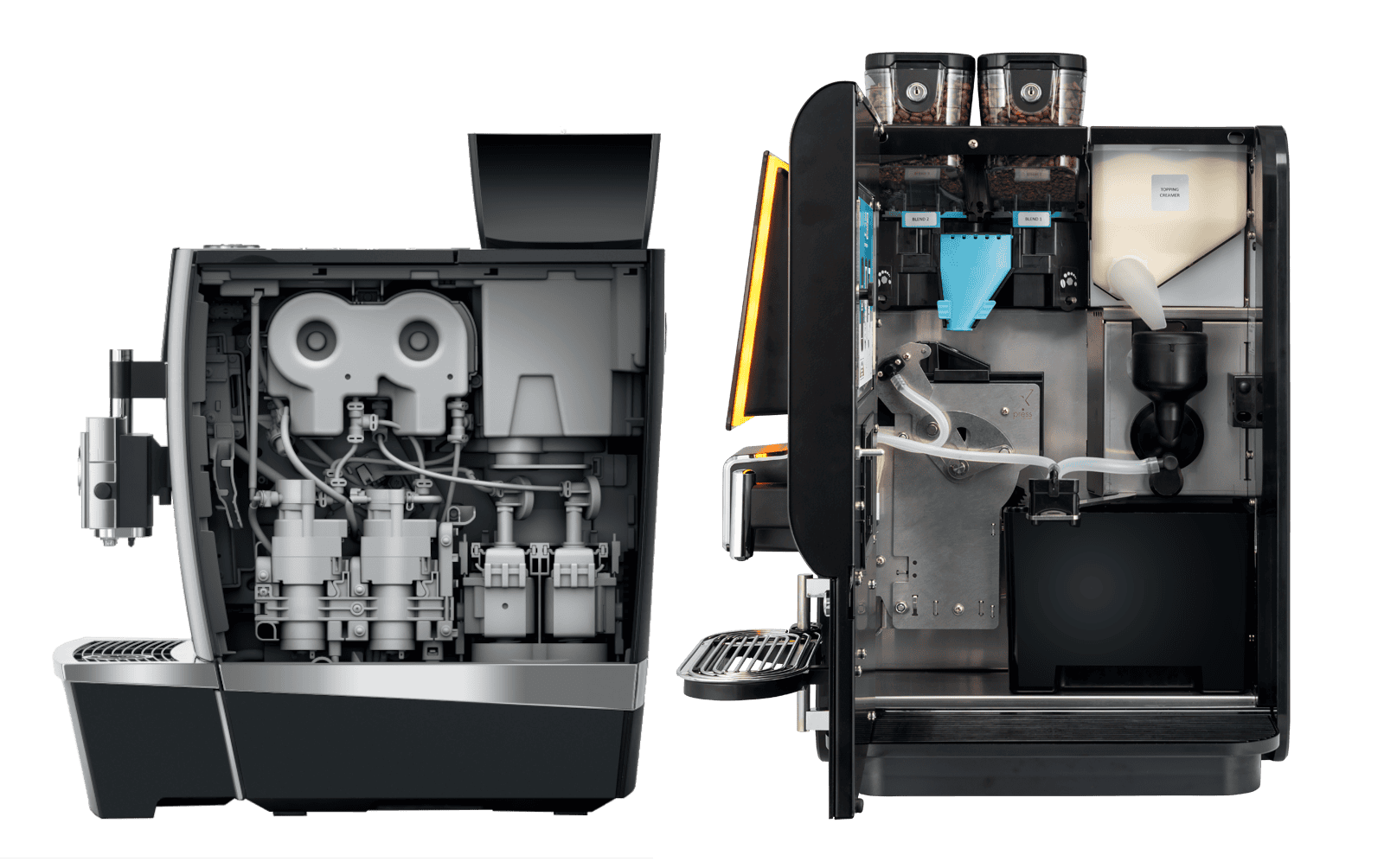 Geöffnete professionelle Kaffeeautomaten für Gastro im Vergleich der Technik