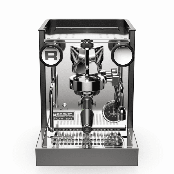 Rocket Appartamento TCA Inox Black Frontansicht – edle Siebträgermaschine aus Edelstahl
