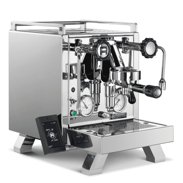 Rocket R58 Cinquantotto Edelstahlmaschine seitliche Ansicht mit Dualboiler-Technik