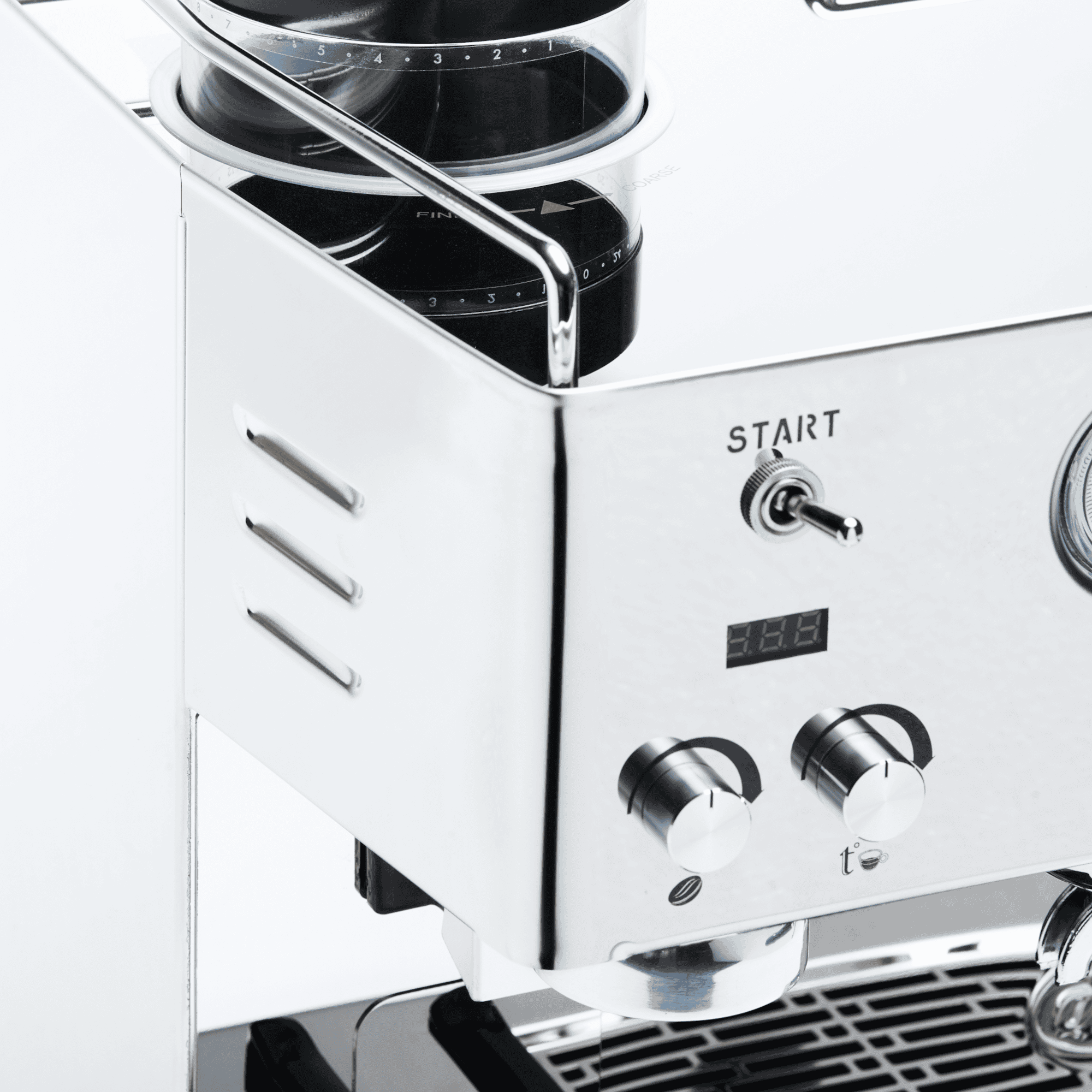 Quickmill Siebträger Detailansicht Edelstahl Quickmill siebträger Detail Edelstahlgehäuse Drehregler und Bedienknöpfe