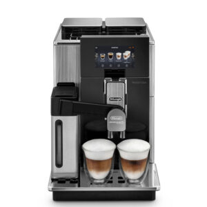 DeLonghi Maestosa EPAM960.75.GLM Frontansicht mit zwei Latte Macchiato Glaesern