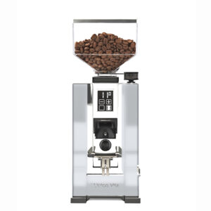 Eureka Oro Mignon Dolce Vita Kaffeemühle in Weiß mit poliertem Aluminiumdeckel, Frontansicht