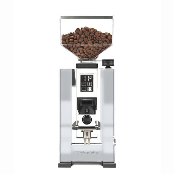 Eureka Oro Mignon Dolce Vita Kaffeemühle in Weiß mit poliertem Aluminiumdeckel, Frontansicht