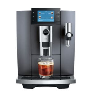 JURA E10 (EA) Kaffeevollautomat in Onyx Grey in der Frontansicht mit 3,5-Zoll-Farbdisplay