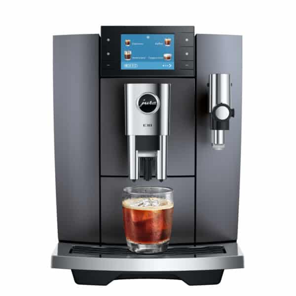 JURA E10 (EA) Kaffeevollautomat in Onyx Grey in der Frontansicht mit 3,5-Zoll-Farbdisplay